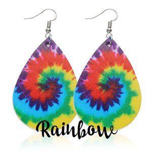 Rainbow Tie Dye Tear Drop Faux Leather Earrings